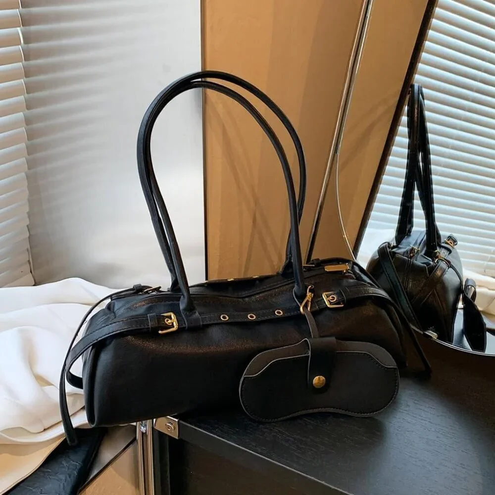Wome'ns Black PU Leather Tote Bag Casual Bowling Bag Purse Retro Underarm